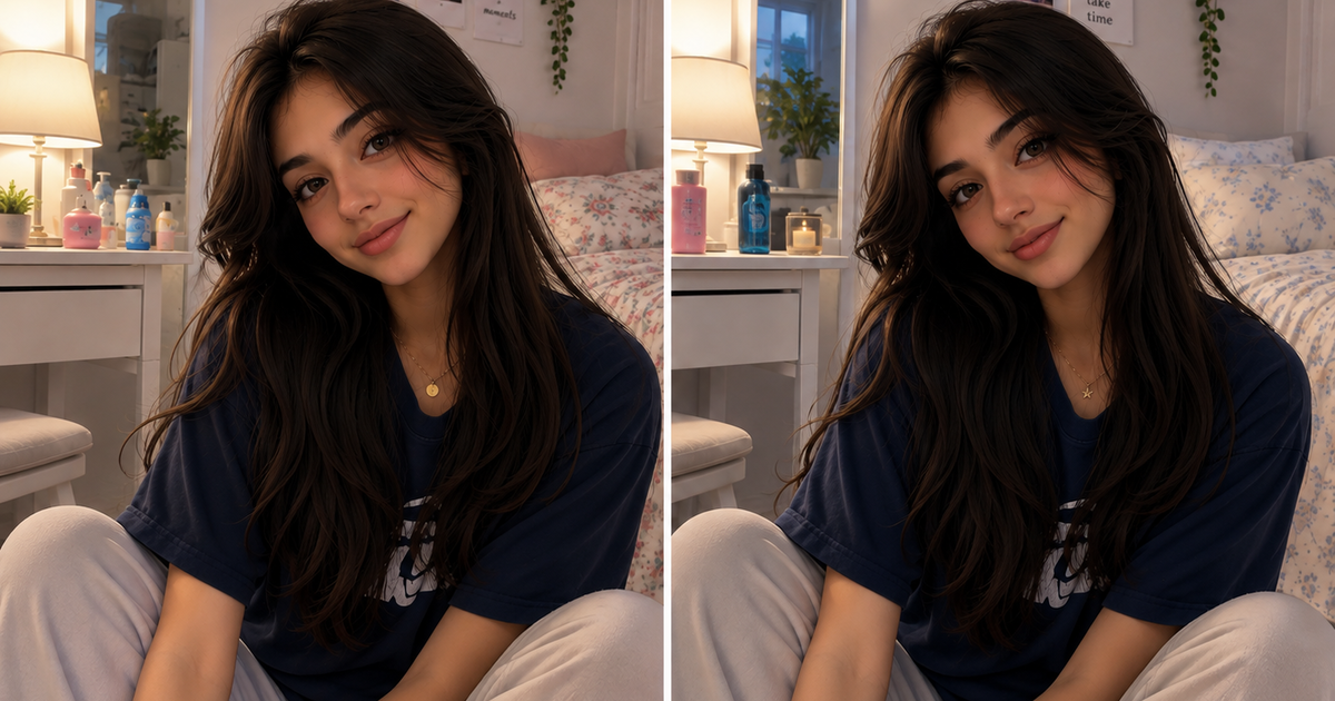 Compare two bedroom portrait scenes and find five changed details before the 60-second timer ends in this free browser observation puzzle.