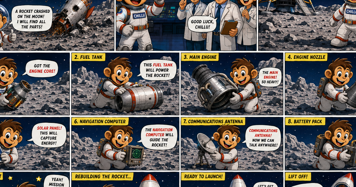 Chillu exploring the Moon beside a crashed rocket while searching for eight missing spacecraft parts