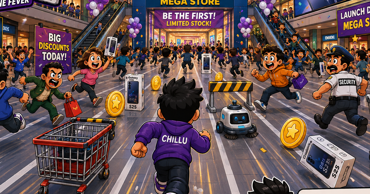 Chillu running through a crowded shopping mall during a chaotic new-phone launch