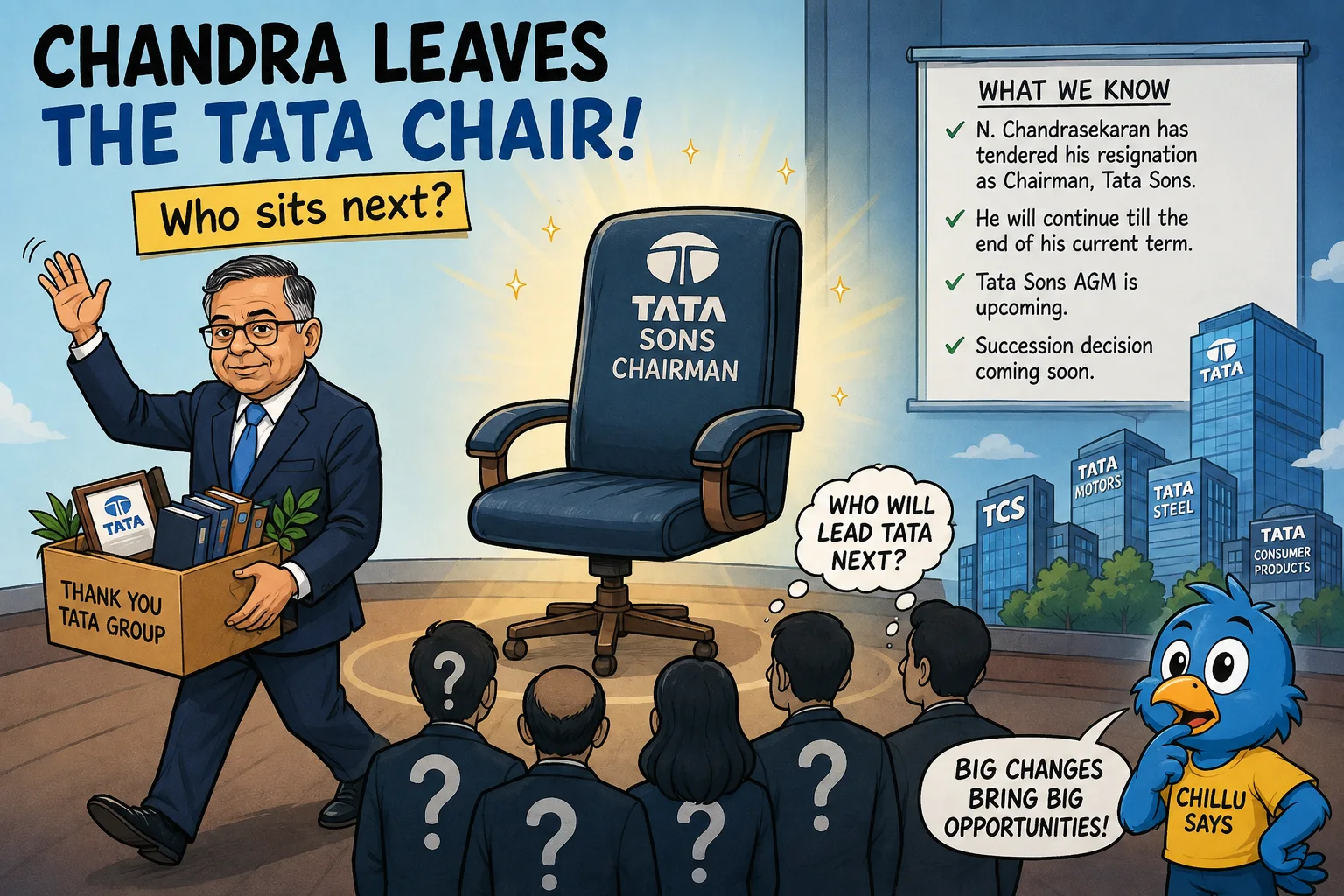 Cartoon showing N Chandrasekaran leaving an empty Tata Sons chairman chair while people ask who will lead next