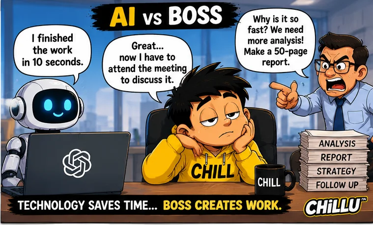 AI robot finishes work quickly while a boss demands meetings, analysis and a long report as Chillu watches