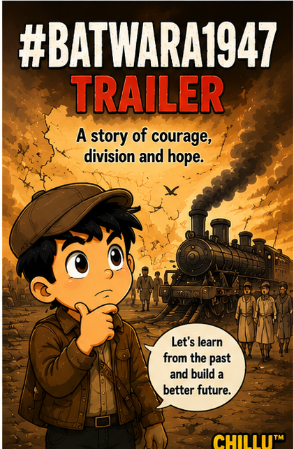 Chillu beside a steam train on a Batwara 1947 trailer poster