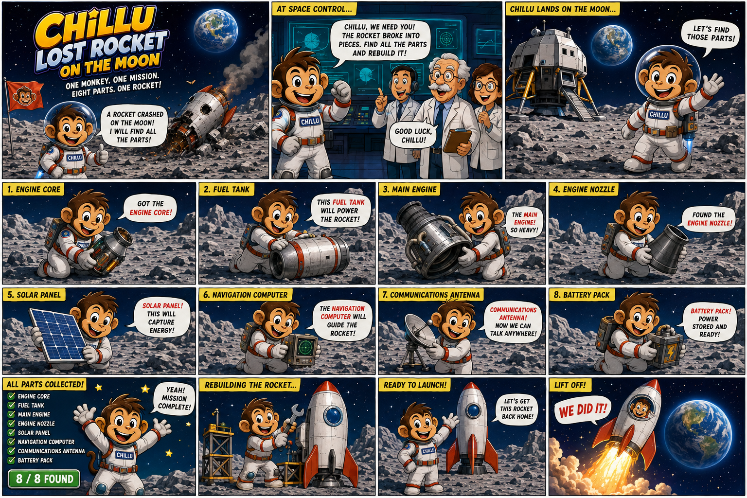 Comic showing Chillu collecting eight rocket parts on the Moon, rebuilding the spacecraft and launching toward Earth