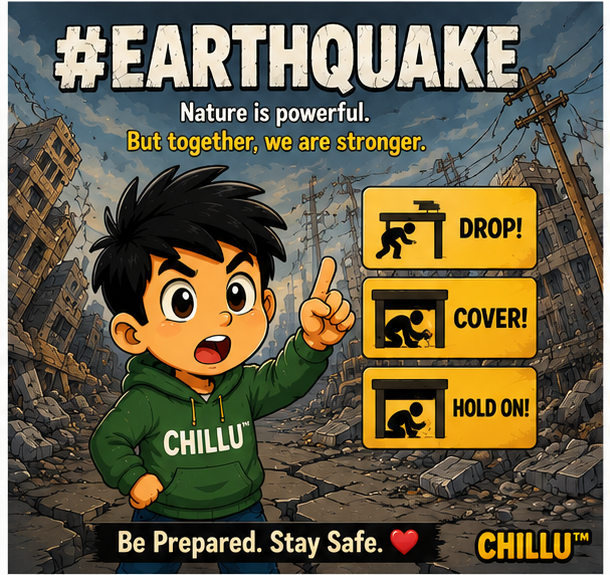 Chillu explains earthquake safety steps: Drop, Cover and Hold On