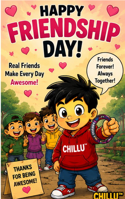 Chillu holds a friendship band while friends celebrate Happy Friendship Day