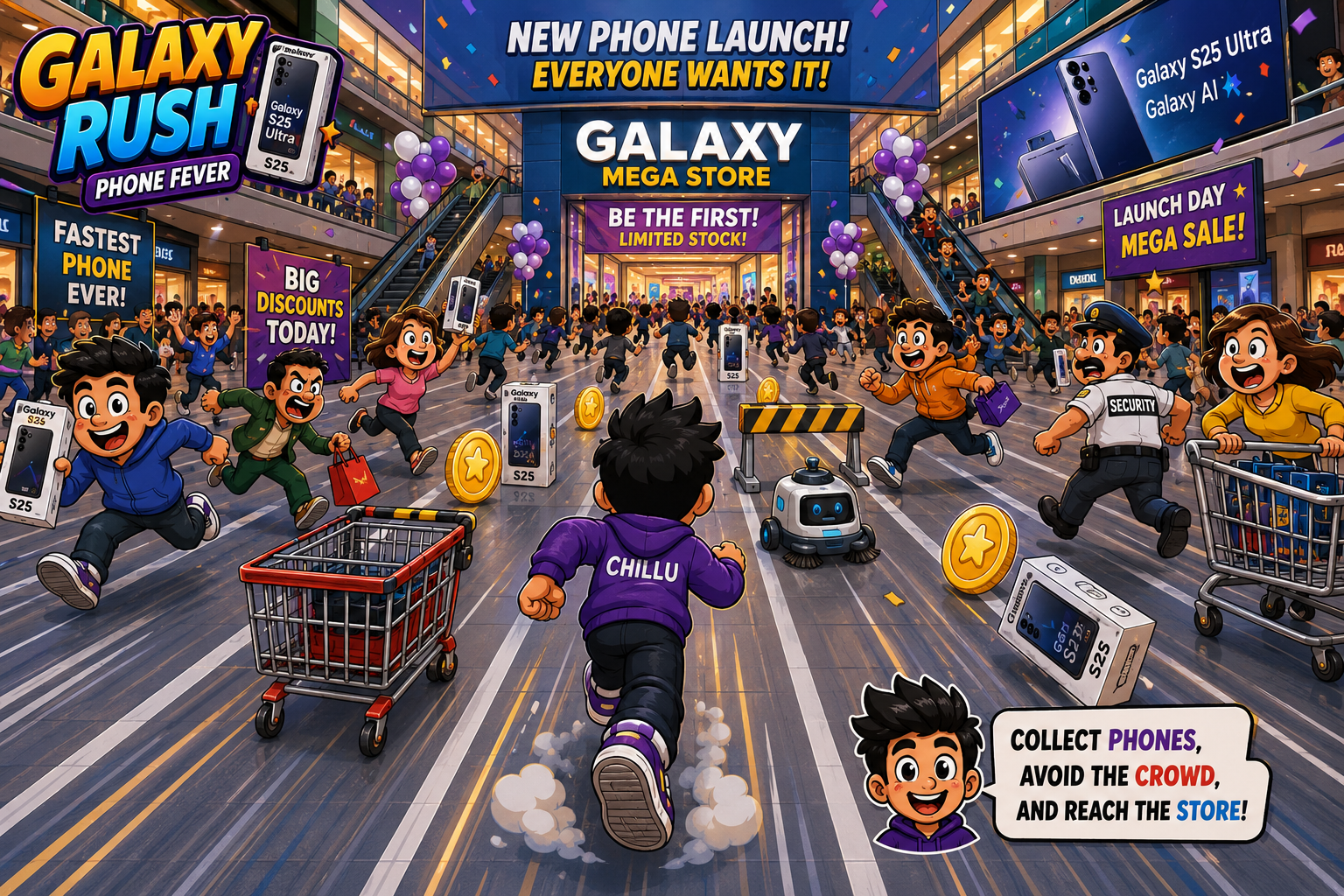 Chillu running through a crowded shopping mall during a chaotic new-phone launch in the Galaxy Rush Phone Fever cartoon