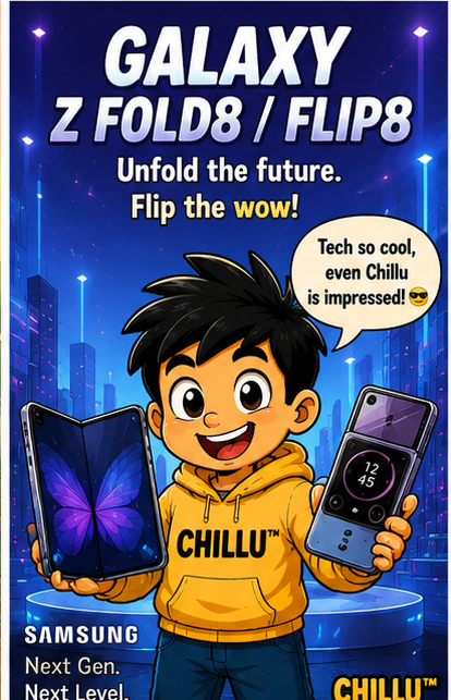 Chillu holds two futuristic foldable phones in a technology cartoon