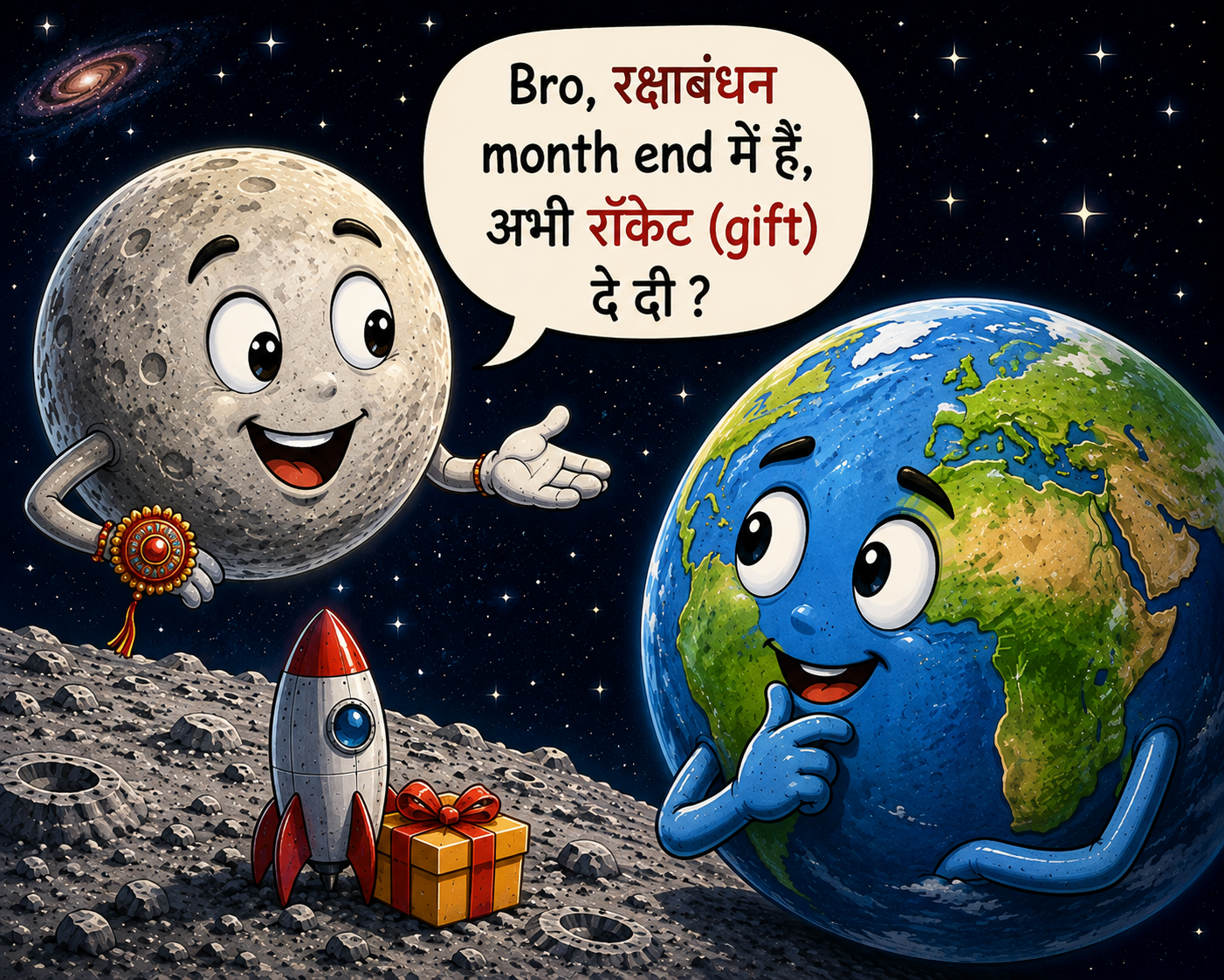 Cartoon Moon wearing a rakhi and asking Earth about an early rocket gift for Raksha Bandhan