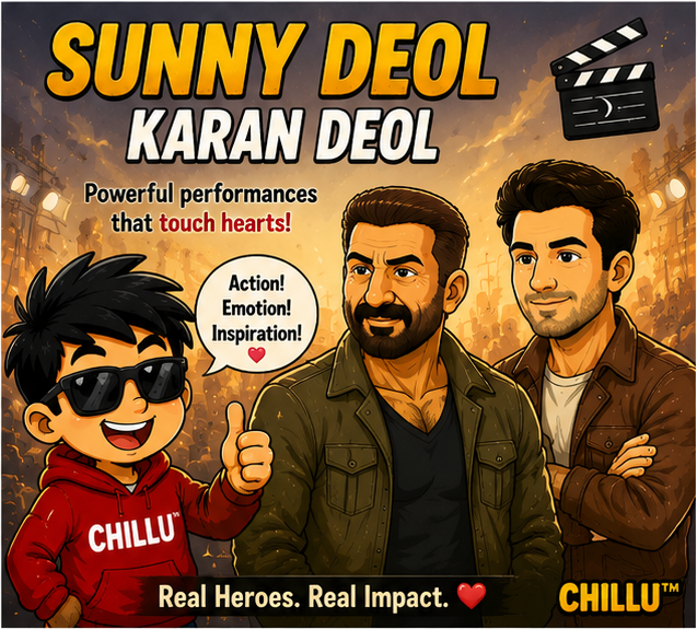Chillu gives a thumbs-up beside illustrated actors Sunny Deol and Karan Deol