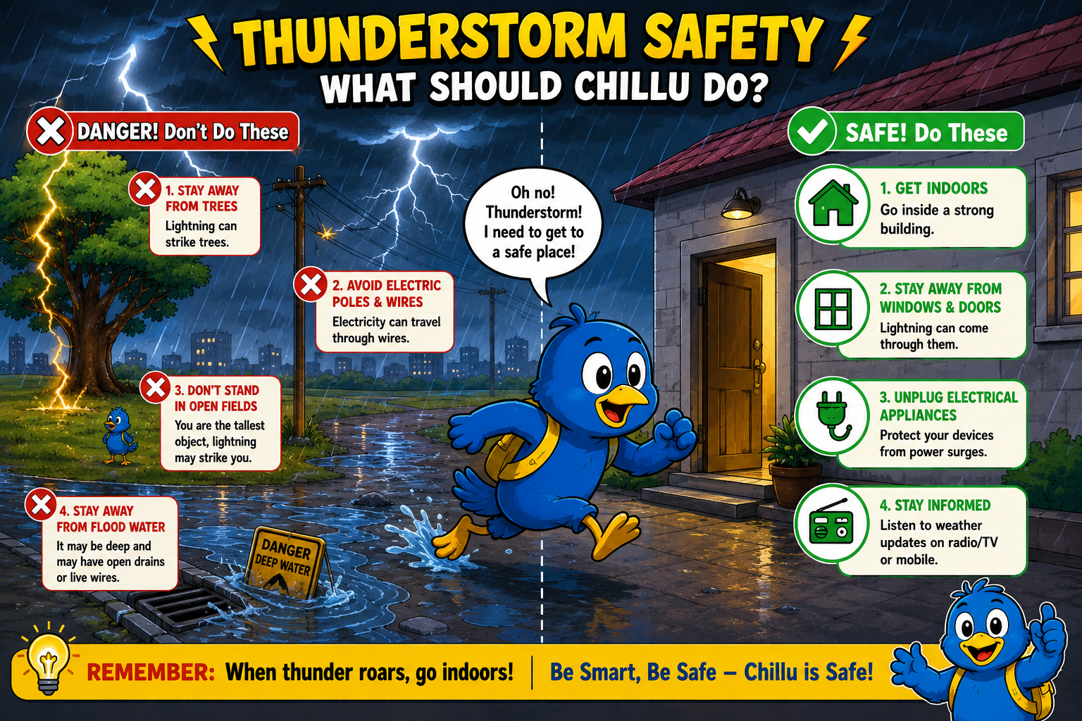 Illustrated thunderstorm safety guide showing Chillu moving indoors and avoiding trees, electrical wires, open fields and flood water