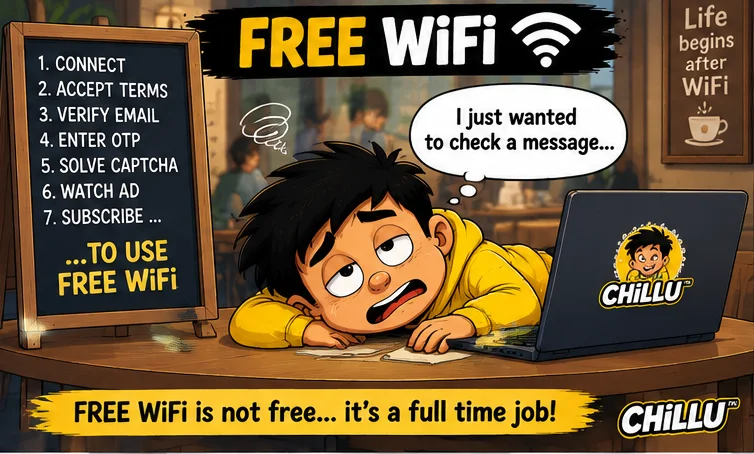 Chillu waits at a laptop beside a seven-step sign for connecting to free public WiFi