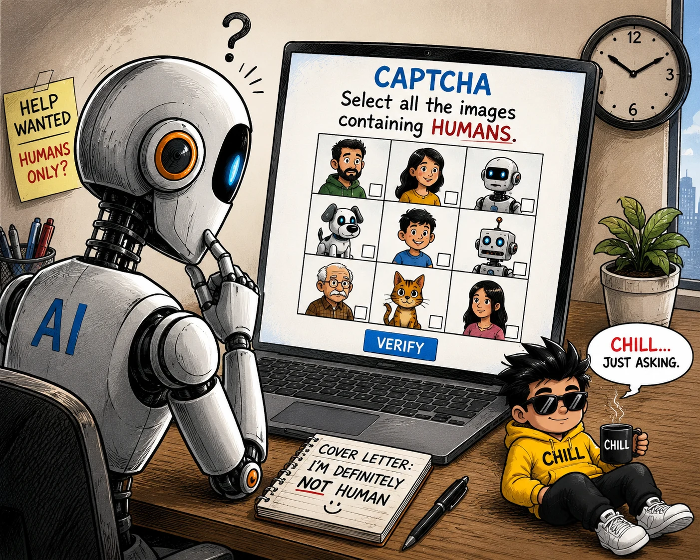 Cartoon of an AI robot struggling with a CAPTCHA that asks it to select all images containing humans
