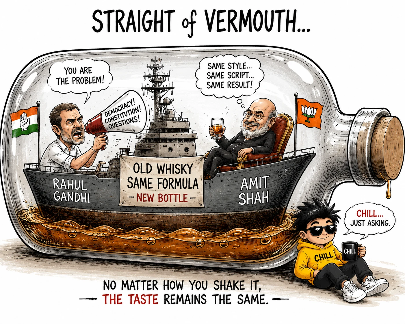Political cartoon titled Straight of Vermouth showing Rahul Gandhi and Amit Shah aboard a ship inside a whisky bottle